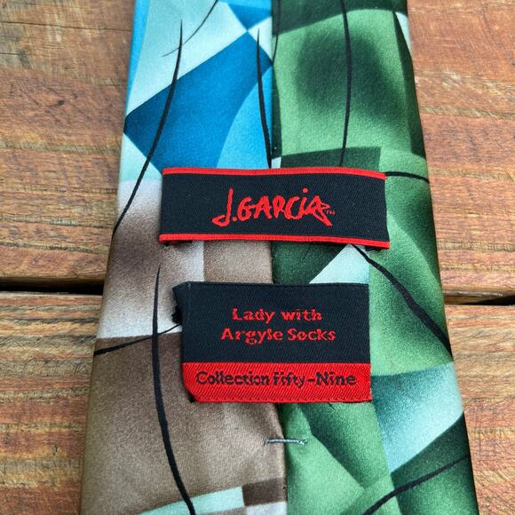J Garcia Silk Tie Lady With Argyle Socks Collection 59 Green Blue Brown Abstract - Picture 12 of 13